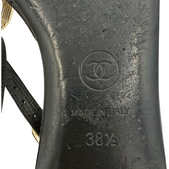 Chanel CC Logo Gold Chain Thong Sandals Black Quilted Leather EU 38.5 US 7.5-8 - Picture 10 of 11